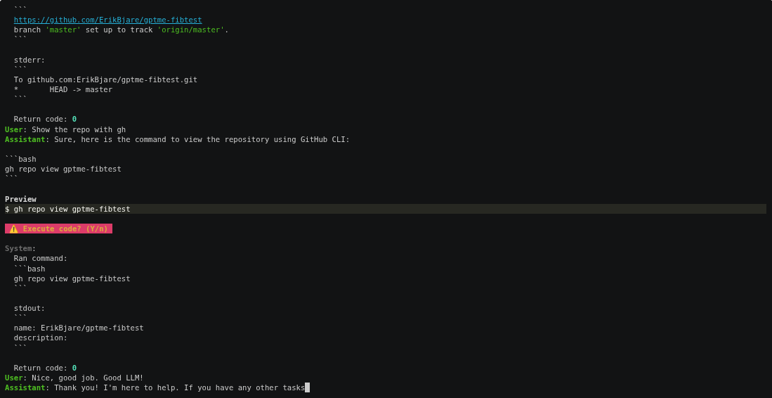 asciinema recording of gptme writing fib.py, committing it, and pushing to a new GitHub repo