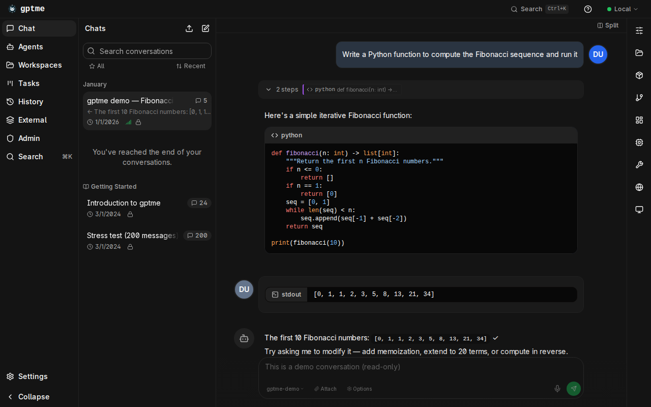 gptme web UI showing a demo conversation with a Python code block and its output